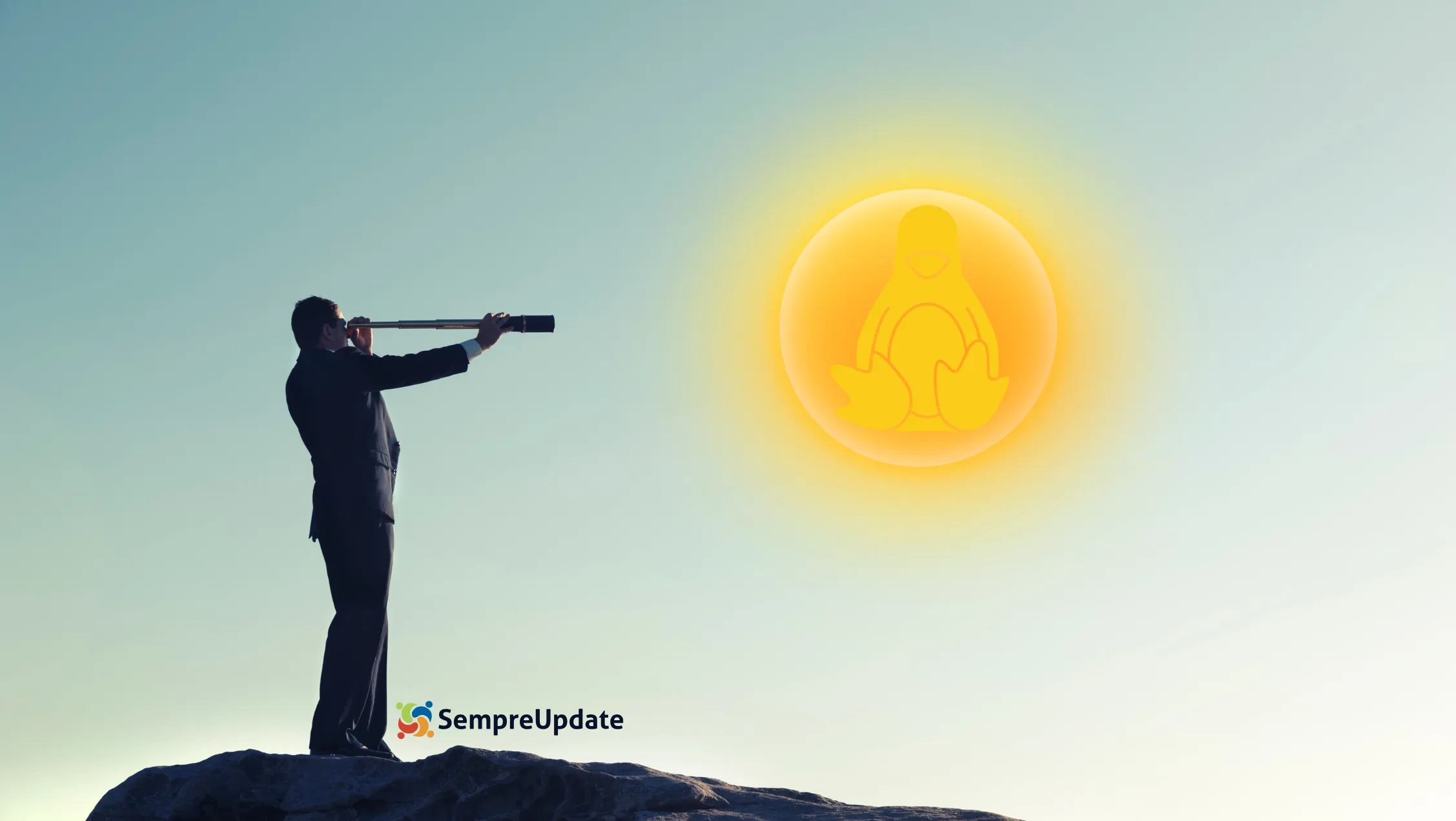 Futuro do Kernel Linux: RISC-V, Rust e os caminhos da inovação tecnológica 2 Homem observando o futuro do Kernel Linux com luneta voltada para o sol em forma do logo do Linux.