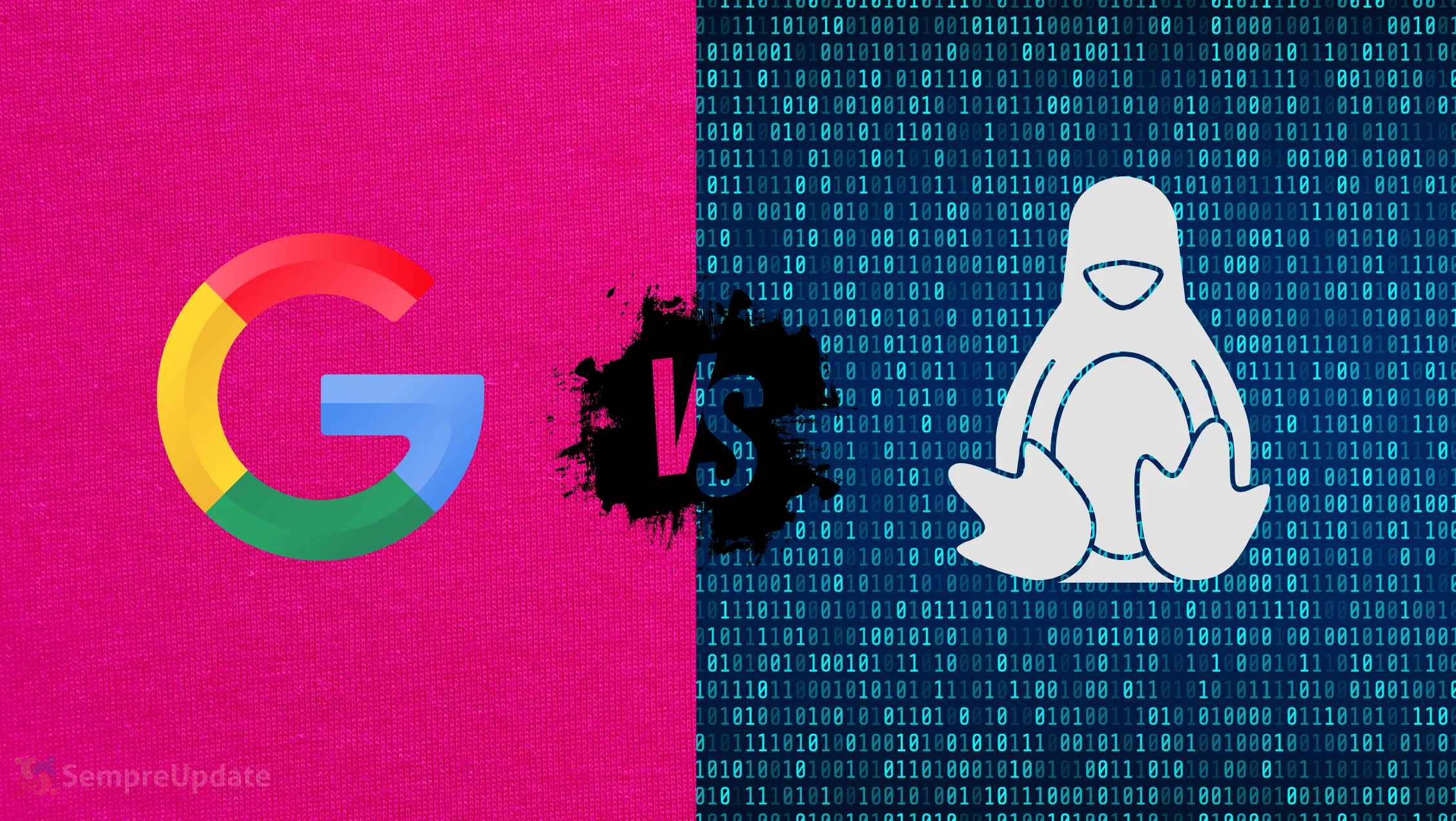 Imagem destacando o confronto Kernel Fuchsia vs Kernel Linux com os ícones do Google e do Tux lado a lado.